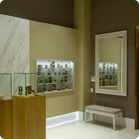 Uso de madera en tonos naturales en el diseño interior de la joyería Senda Nelly Rojas en Cartagena